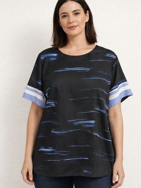 Banana Republic XL Black Blue Abstract Print Blouse Short Sleeve Flowy Top